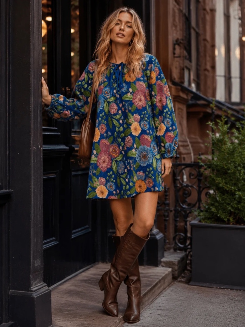 "Lovelo" Women's Long Sleeve Front Pockets Stitch Mini Floral Dress